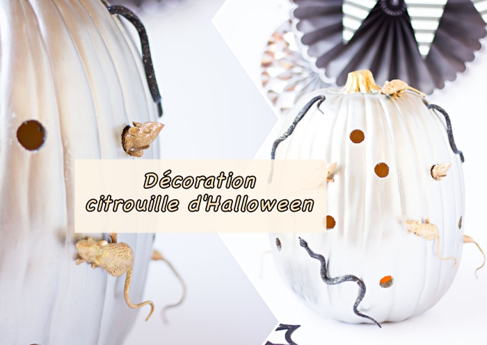 tutoriel facile pour apprendre comment décorer une citrouille moderne en style Halloween avec peinture métallique et figurines effrayantes