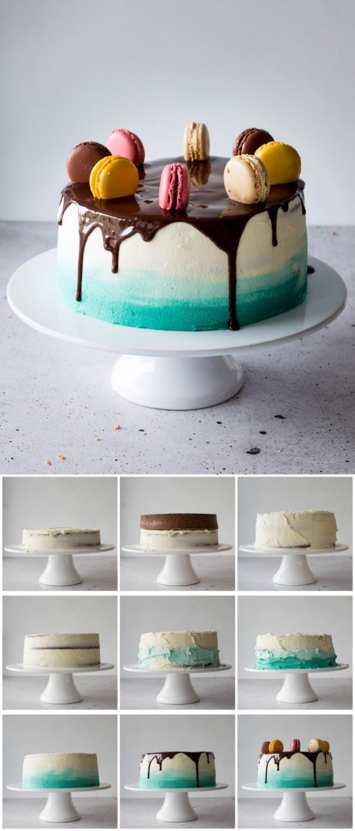 tuto pour décorer facilement un gâteau au nappage gateau en dégradé, ombre cake au glaçage coulant de chocolat
