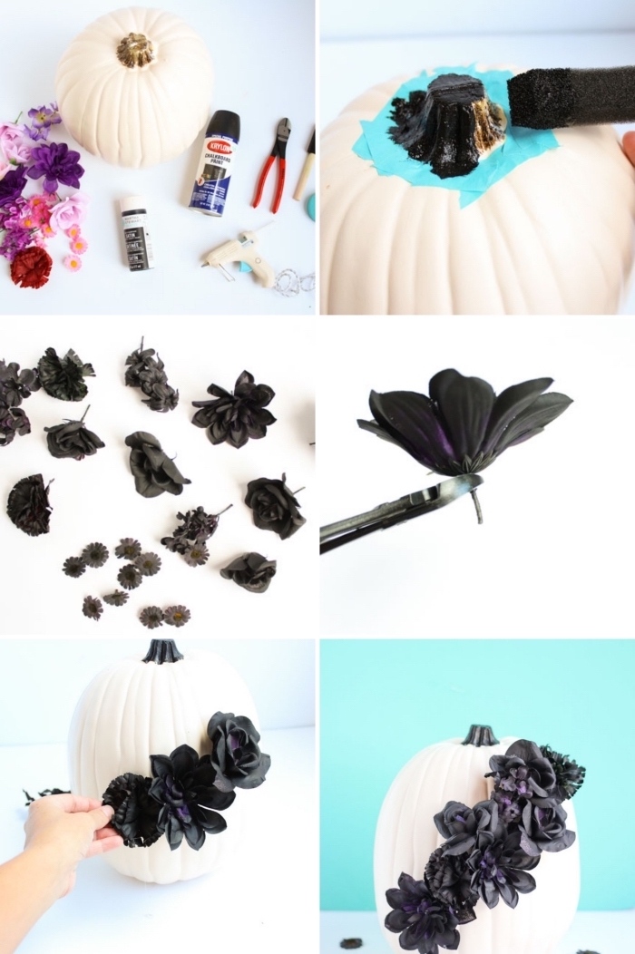 tuto facile pour décorer une citrouille, modele citrouille halloween élégante en peinture blanche et déco avec fleurs noires artificielles