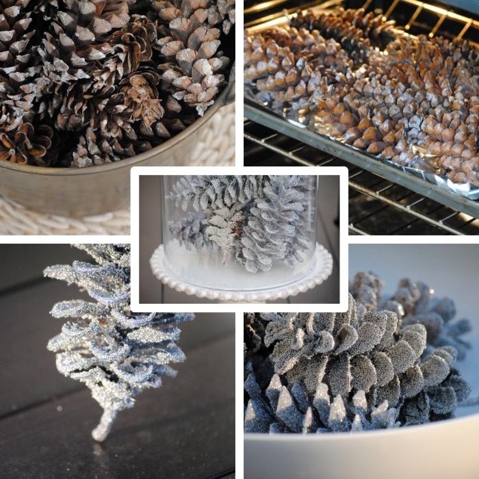 étapes pour faire une décoration de Noel facile avec pommes de pin décorées en peinture glitter à effet neige