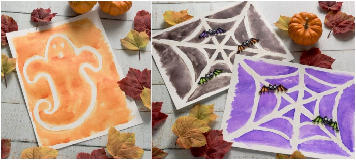 un projet d'art sur le thème d'halloween à la peinture au sucre, peintures fantôme et toile d'araignée à réaliser avec les enfants en maternelle
