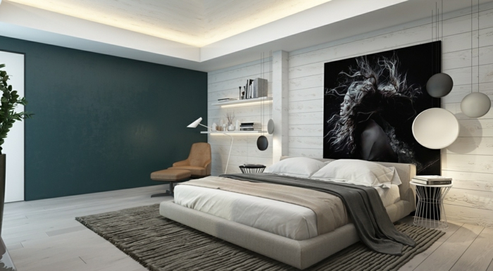 chambre à coucher en gris et blanc, lit plateforme, portrait monochrome, deco peinture chambre monochrome