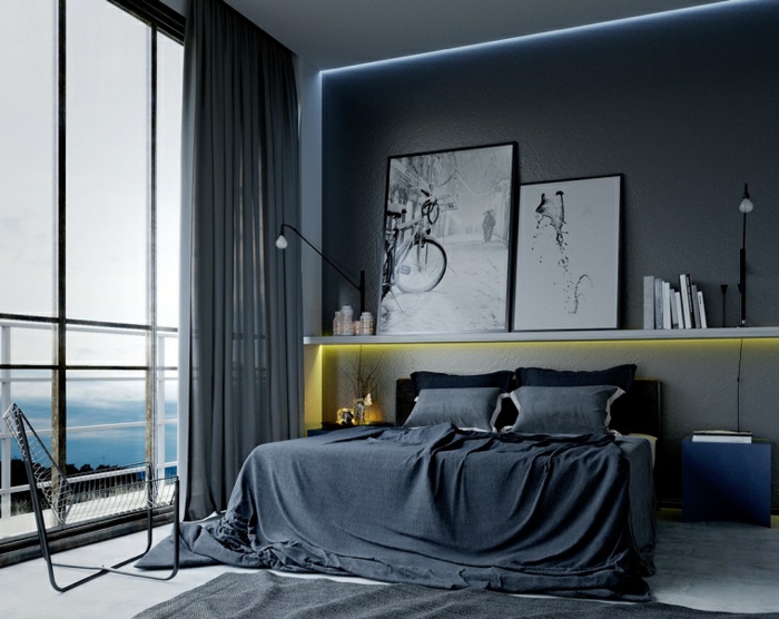 couleur peinture pour chambre, tête de lit lumineuse avec rangement, grandes peintures, deco peinture chambre