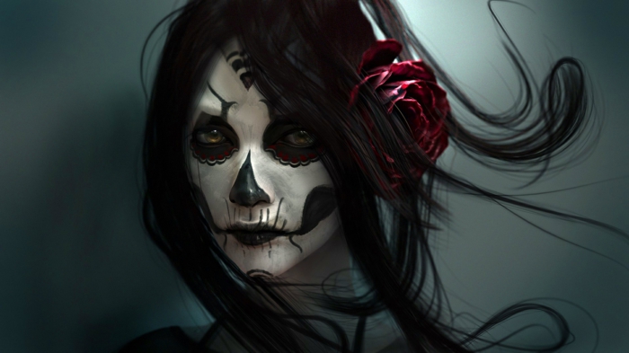 peinture sur visage en noir et blanc, cheveux noirs, rose vermeil dans les cheveux, visage tête de squelette