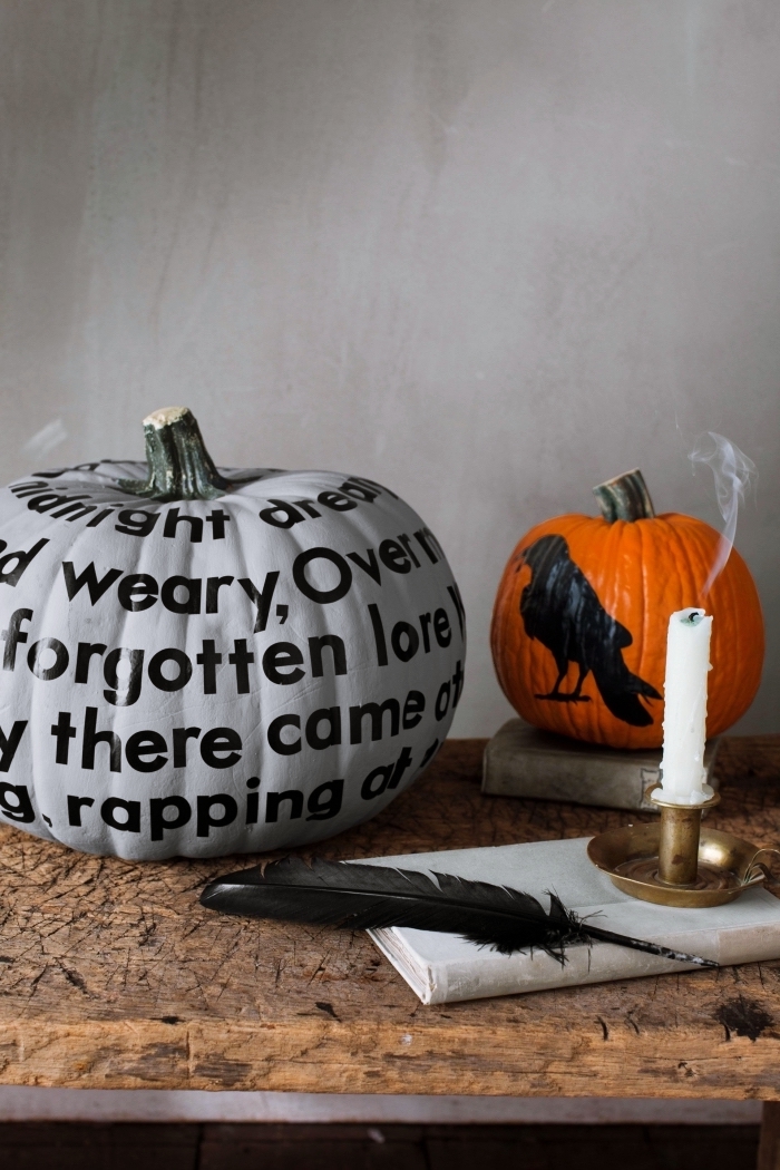 modèle potiron halloween peint en gris et noir, courge halloween avec dessin animalier effrayant, idée déco facile halloween