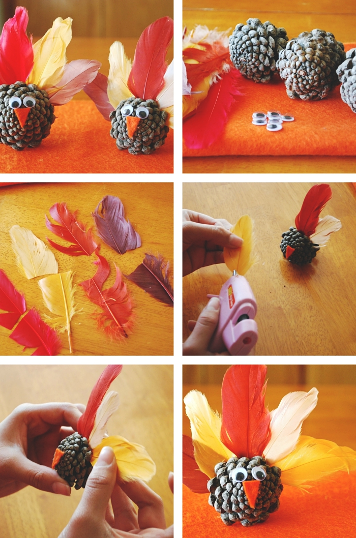 tutoriel pour apprendre à réaliser des figurines animalières en matériaux recyclés, diy paon en pomme de pin et plumes colorées