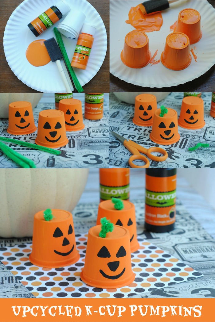 gobelets en papier décorés de peinture orange et noire pour créer un motif jack o lantern, deco halloween a faire soi meme