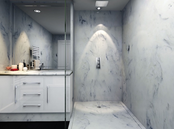 salle de bain san carrelage avec douche italienne en béton marbré blanc bleu