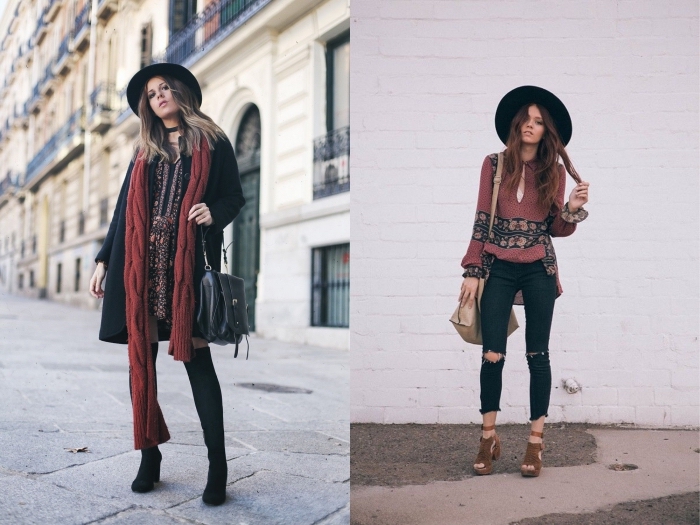 Tenue avec cuissardes bohème chic, femme bien habillée au style bohème chic avec une robe courte fleurie et manteau noir