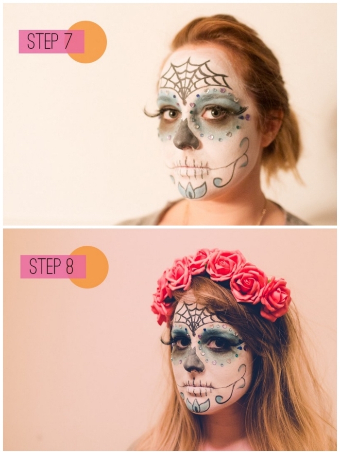 l'étape finale du maquillage squellette facile, comment faire un maquillage tête de mort mexicaine aux motifs d'halloween