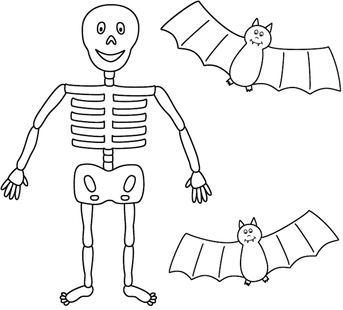 deco halloween a imprimer tres facile squelette gentil et chauve souris à colorier