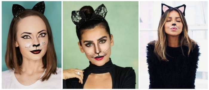maquillage de chat mignon très facile à réaliser pour un déguisement d'halloween de dernière minute, à compléter avec une serre-tête yeux de chat