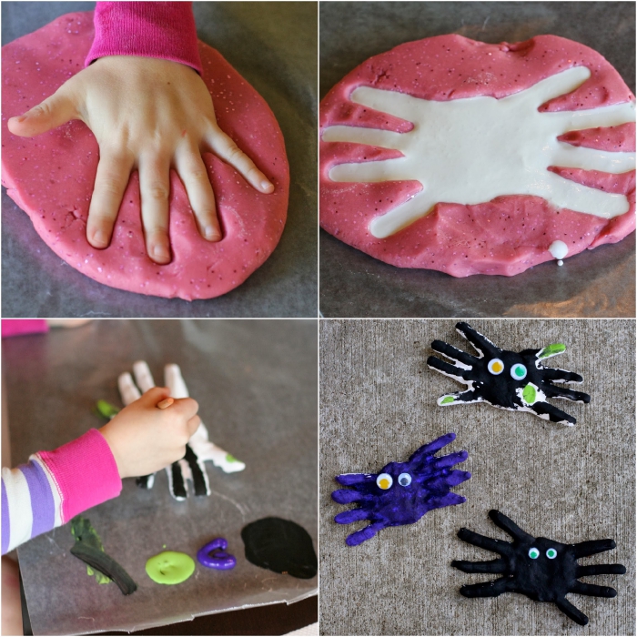 des araignées d'halloween avec les empreintes de main de l'enfant en pâte auto-durcissante à l'air, bricolage halloween en maternelle facile et amusant
