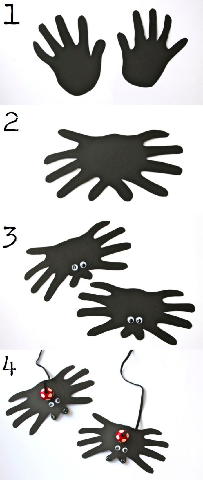idée d'activité manuelle facile et rapide sur le thème d'halloween pour amuser les enfants, araignée empreinte de main en papier avec balle qui rebondit