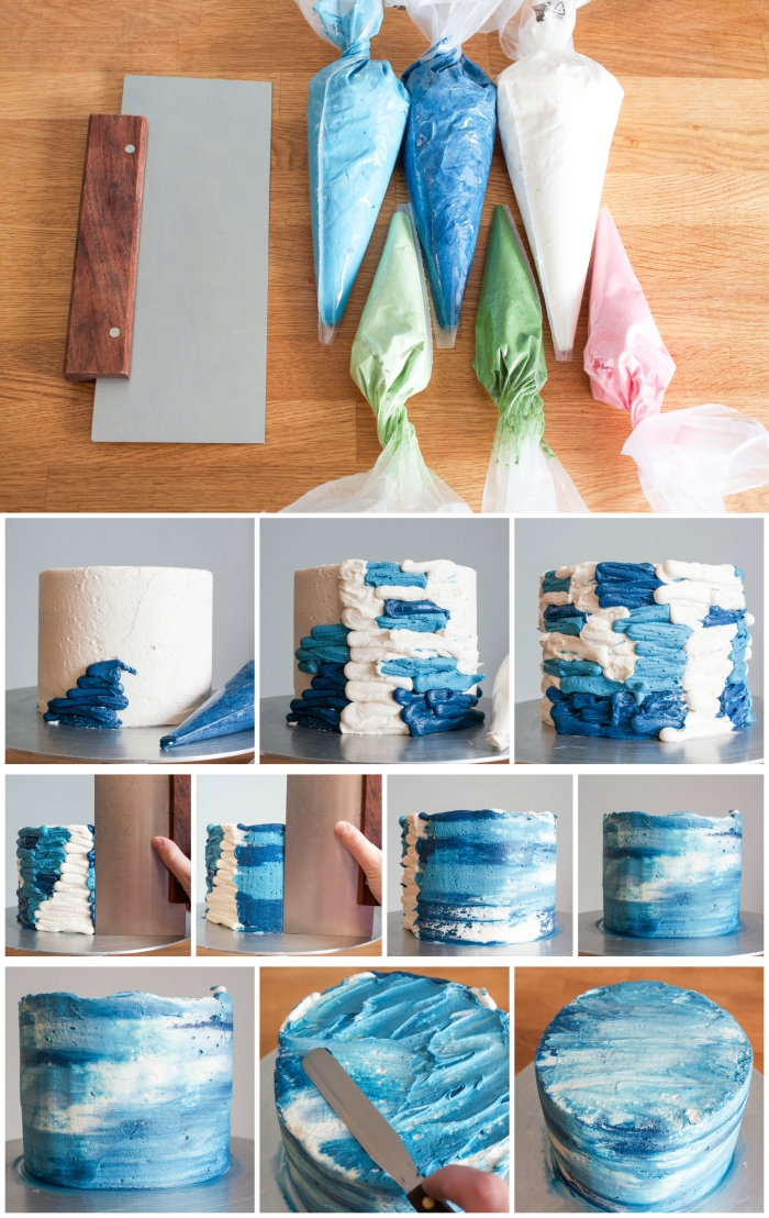 décoration gateau anniversaire originale et artistique en glaçage à la crème au beurre blanc et bleu effet aquarelle, gâteau d'anniversaire les nymphéas
