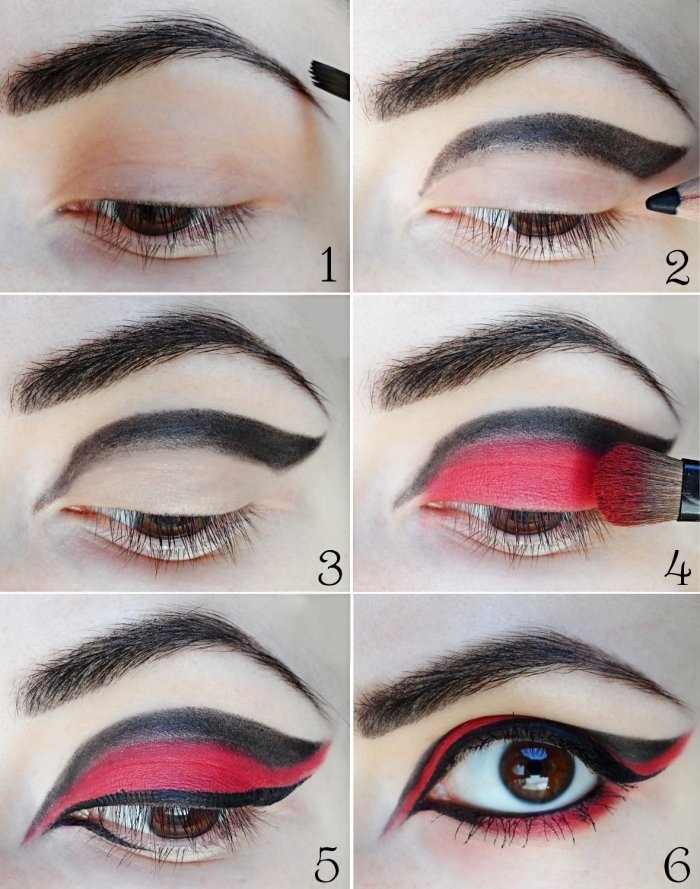 tuto facile pour faire un maquillage diablesse glamour, maquillage oeil de chat en noir et rouge