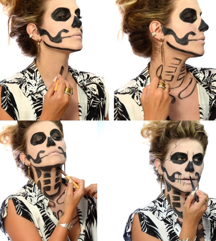 tuto maquillage halloween pour un look qui fait peur, les détails finaux du maquillage squelette femme du visage et du cou