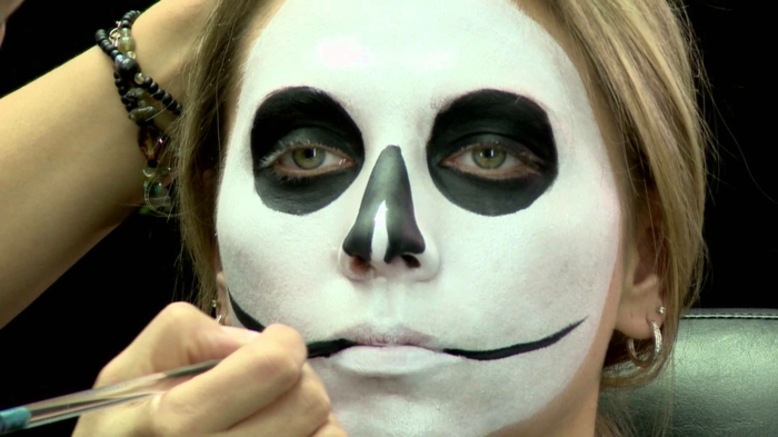 maquillage terrifiant halloween, traces noires aux creux des joues, cercles noirs autour des yeux