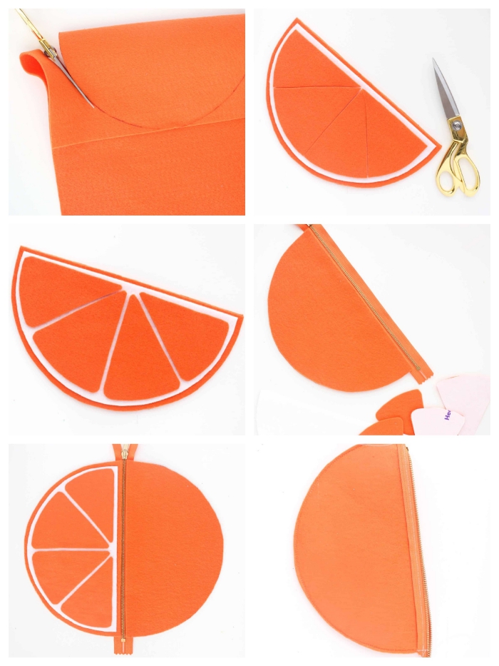 tuto sac pour collations original en feutre orange, en forme de mandarine, avec fermeture éclair collée directement sur la pièce de feutre