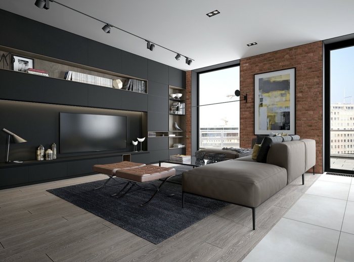salon contemporain en gris et noir, tapis gris anthracite, mur noir avec étagère intégrée, grandes fenêtres