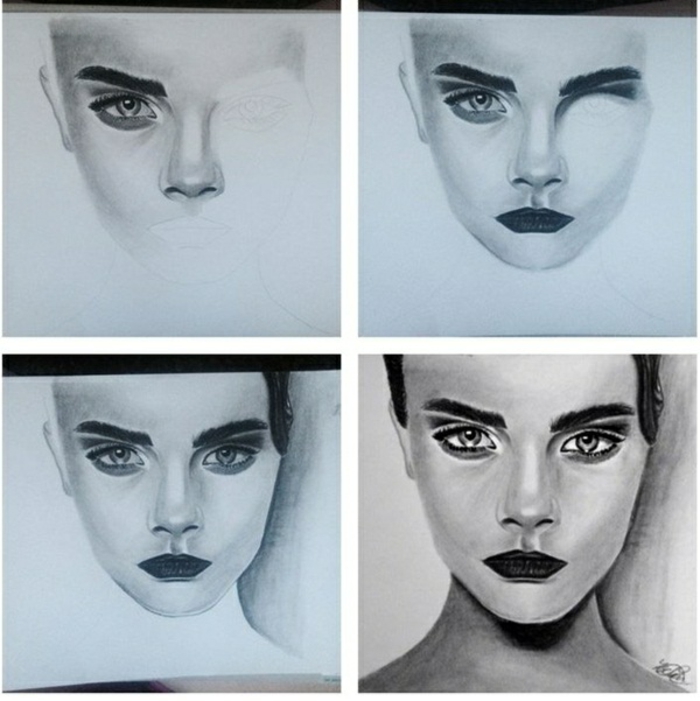 Dessin au fusain, dessins fusain simple, comment dessiner comme un artiste, visage de femme, modèle Cara Delavigne