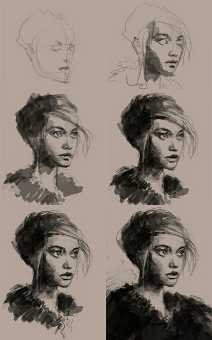 Dessin débutant visage, dessin au fusain femme portrait, idée comment dessiner au fusain étape par étape