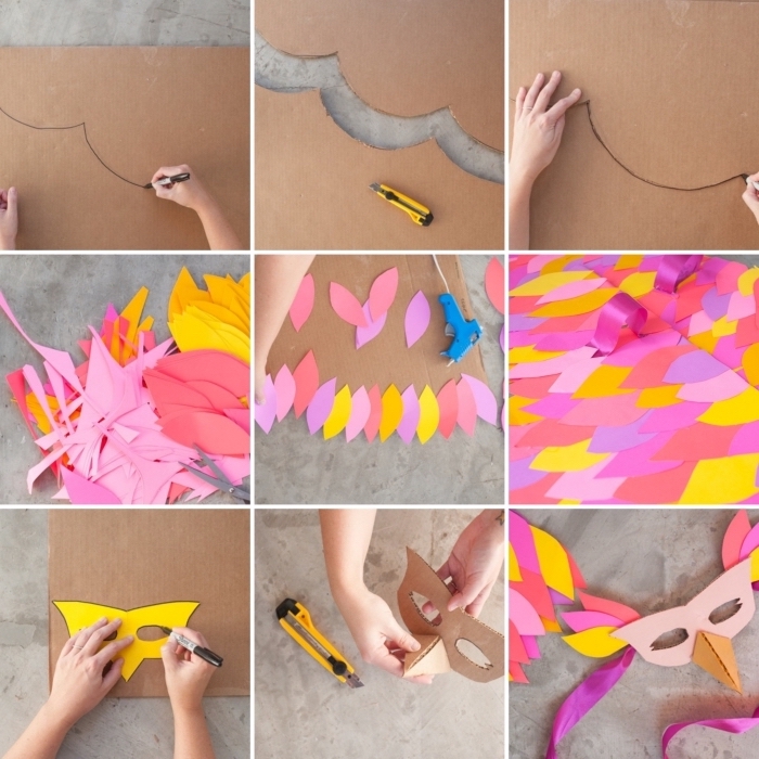 tutoriel facile pour deguisement halloween maison, étapes à suivre pour créer des ailes en carton décorées de papier coloré