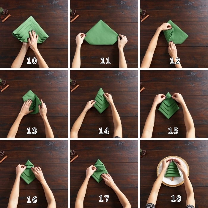 étapes à suivre pour réaliser une jolie déco de table de Noel avec pliage de serviette en tissu vert en forme de sapin