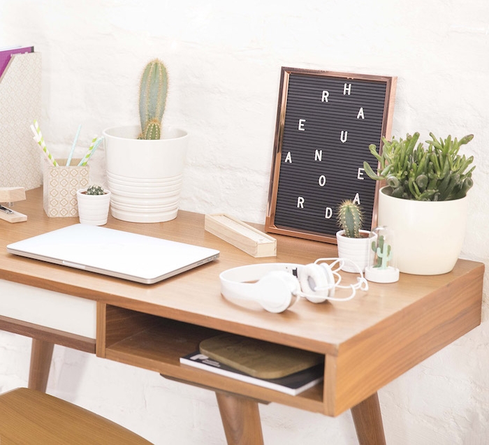 idee de deco coin vert bureau avec des cactus et succulents de tailles diverses plantées en pots blancs, bureau et chaise bois