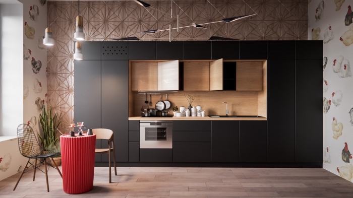 comment creer sa cuisine en longueur, modèle de cuisine tendance contemporaine avec meubles en noir et crédence bois
