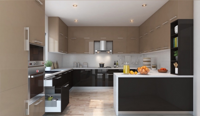 déco de cuisine en couleurs neutres et bois, exemple de cuisine aménagée en forme G, meubles cuisine en noir