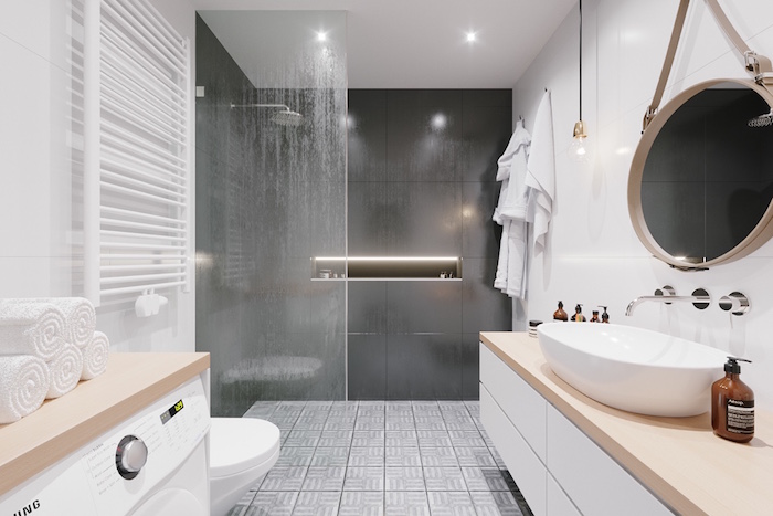 meuble vasque salle de bain design style scandinave minimaliste dans salle de bain avec douche italienne avec mur carrelage gris