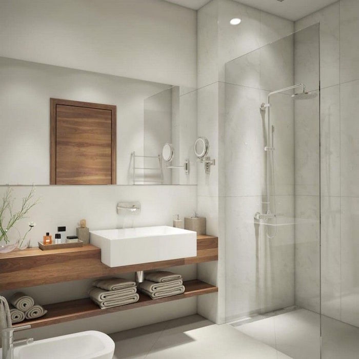 idee deco salle de bain avec douche italienne et meuble support en bois avec vasque carré design