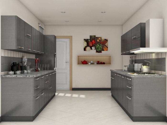 modèle de cuisine en blanc et gris avec accents en bois clair, idée rangement avec niche murale, déco de cuisine en parallèle