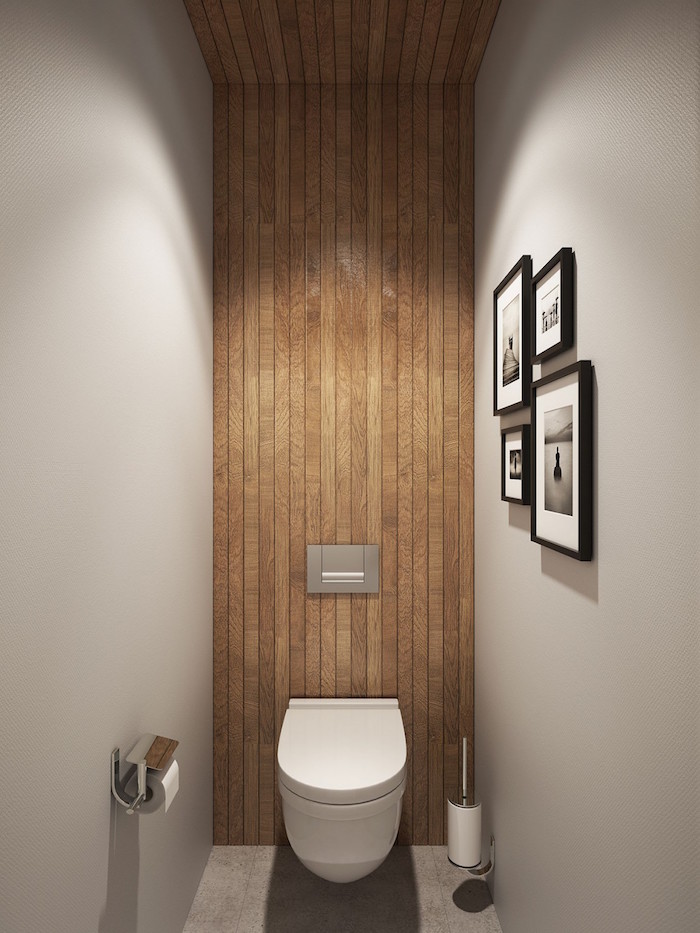 déco toilettes design avec murs gris béton ciré et mur en parquet bois de wc suspendus
