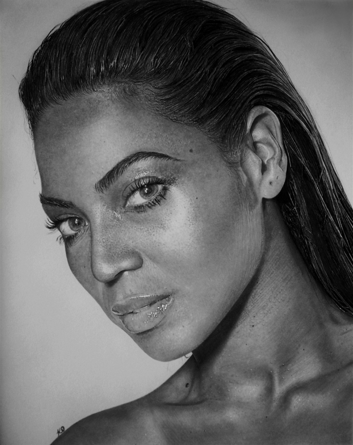 Beyoncé portrait au fusain, cool dessin pour les maîtres de fusain, détails de visage réalistes, magnifique dessin pour apprendre à dessiner