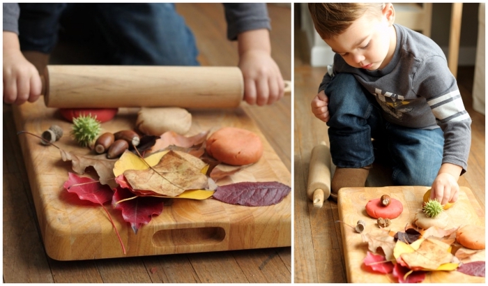activité manuelle en maternelle pour célébrer l'automne, recette pate a modeler aux couleurs de l'automne que les enfants peuvent décorer avec des éléments naturels