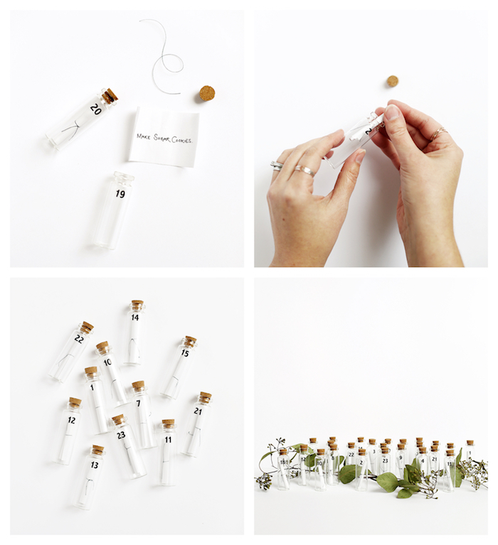 calendrier de l avent à fabriquer soi meme en petites fioles avec des étiquettes miniatures style bouteille à la mer scandinave avec végétation décorative