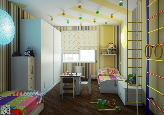 solutions pour les petits espaces, petite chambre d'enfant, échelle gymnastique, meubles blancs, sol foncé