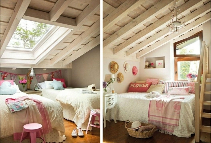 chambre mansardée, deco maison de campagne cosy, poutres couleur crème et fenêtre de toit, tabouret rose, panier rustique