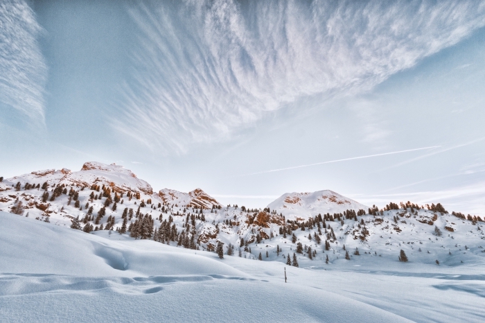 belle photo d'un paysage hivernale dans les montagnes, paysage enneigé avec arbres conifères et ciel nuageux