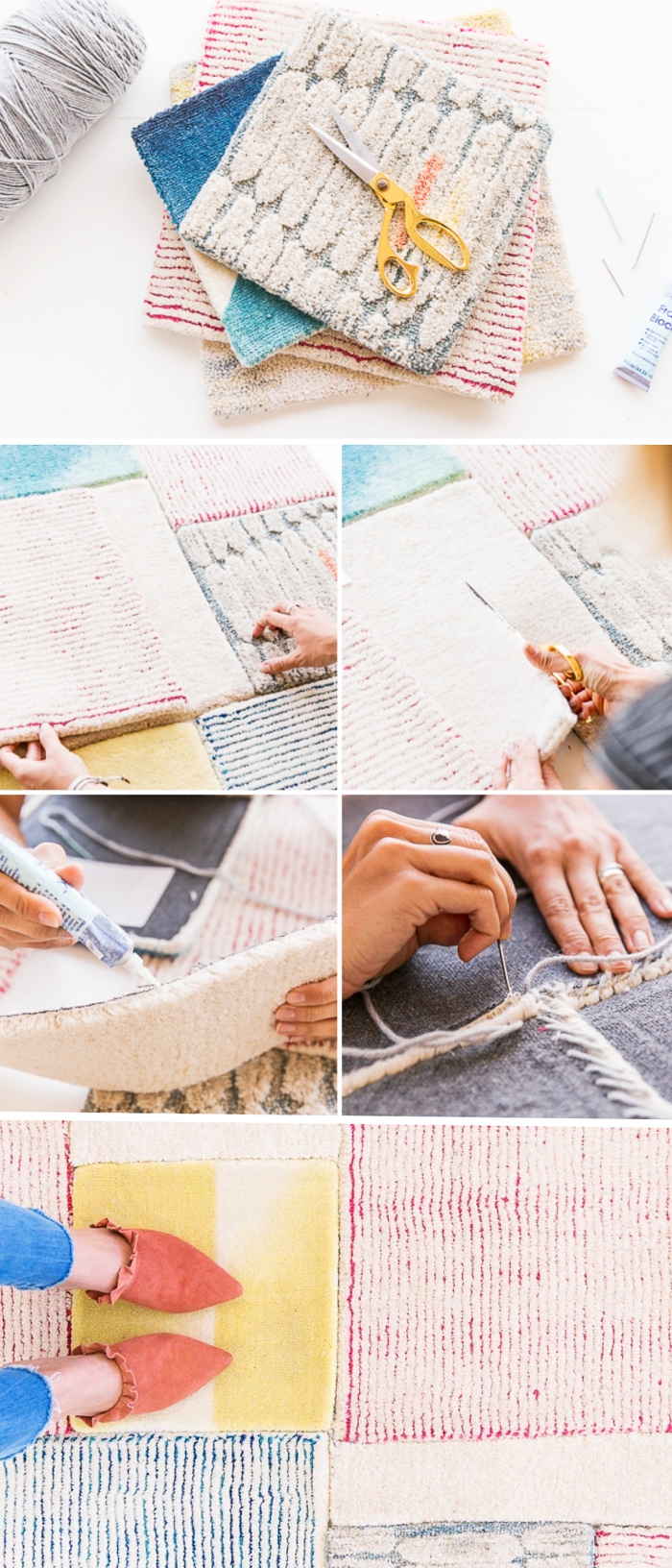 tutoriel pour apprendre comment coudre un tapis à design patchwork aux couleurs pastel, modèle de tapis tissé