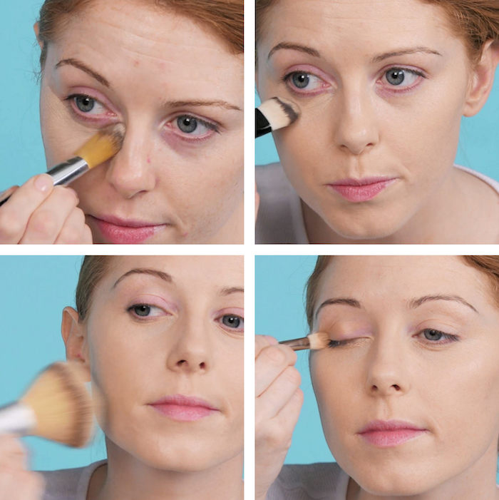premiere étape tutoriel pour maquillage pin up facile avec fard à paupieres et saupoudrage des joues