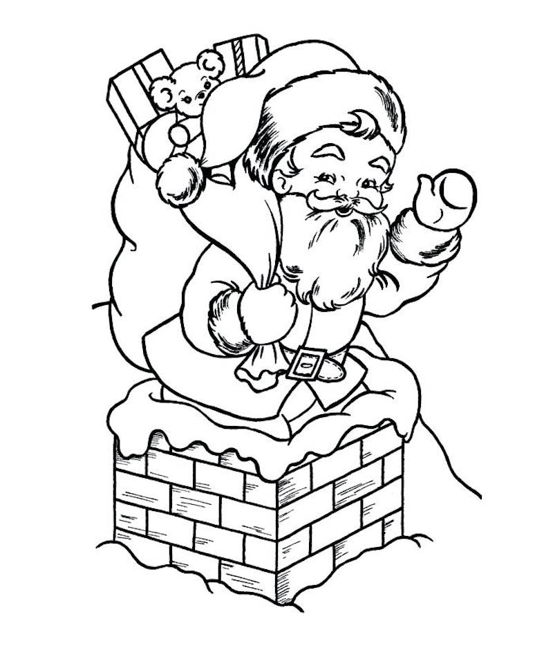 dessin de pere noel a imprimer livrant ses cadeaux par la cheminée comme coloriage noel
