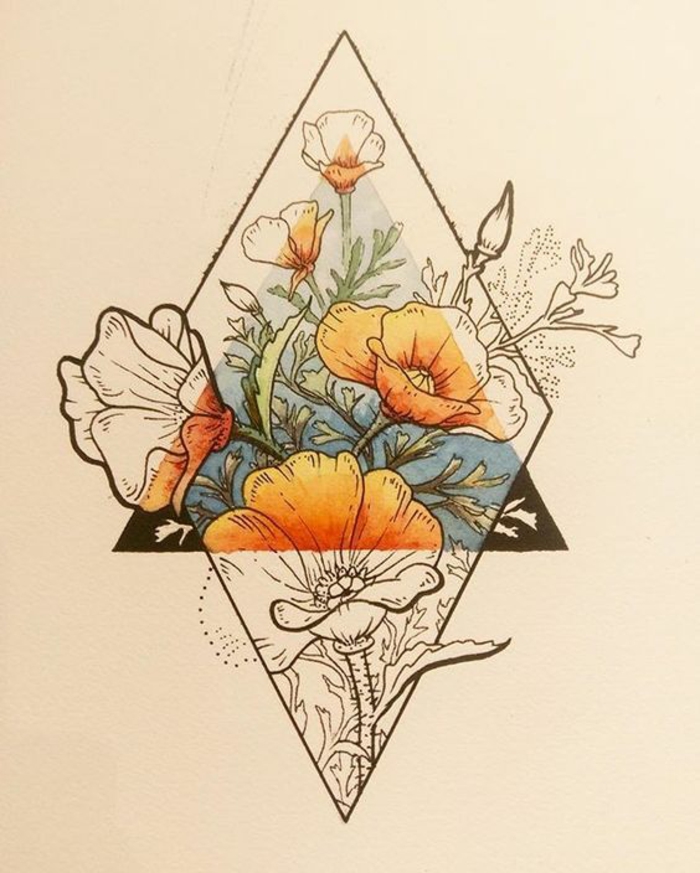 Magnifique idée tatouage homme discret, comment choisir un tatouage avec signification, carde rhombe et triangle pleine de fleurs, tatouage coloré originale fleurie