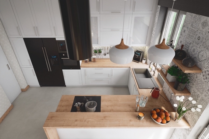 idée comment aménager une cuisine en U, déco de cuisine dans l'esprit minimaliste avec meubles blanc et bois