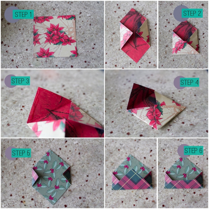 comment fabriquer une origami enveloppe carrée en papier double face motif de noel, les étapes de pliage origami pour réaliser une mini enveloppe facile qui accueillera vos cartes de vœux et vos bons cadeaux