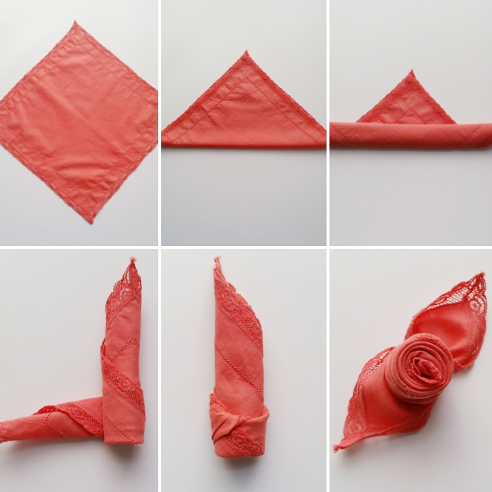 pliage serviette rose tutorial de pliage avec serviette en tissu rouge, technique étape par étape pour faire une décoration de table mariage romantique