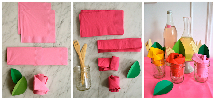 comment plier des serviettes en papier en forme de rose avec serviette couleur rose et rouge et feuilles de papier vertes, simple deco de table fleurie