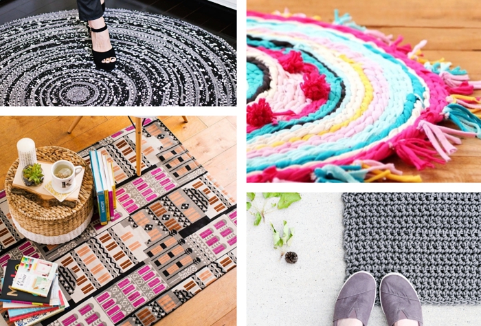 modèles objets diy faciles, exemple de tapis fait main en corde, idée comment faire un tapis en tissu avec déco en pompons et tassels